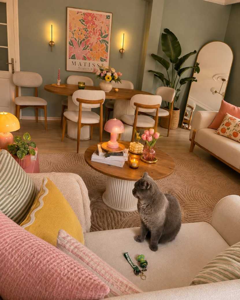 Living room with fluted wood coffee table, green plants, and warm lighting.