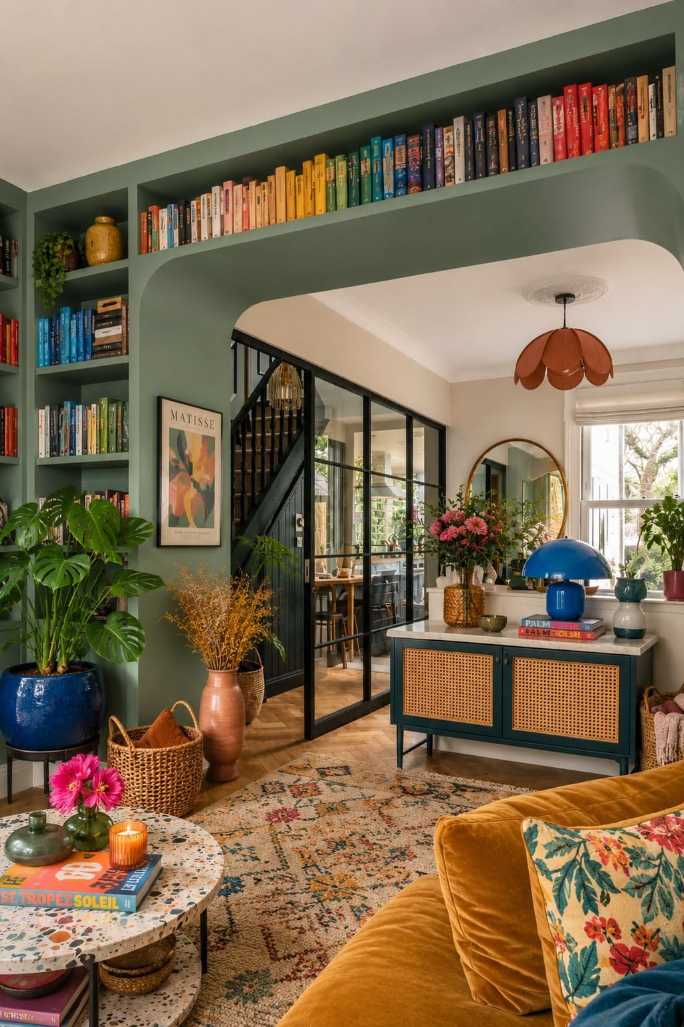 Arched bookcase painted forest green with books, plants, and decorative objects.