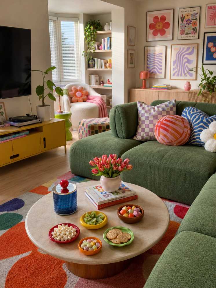 Large green sectional sofa in a modern living room with minimal decor.