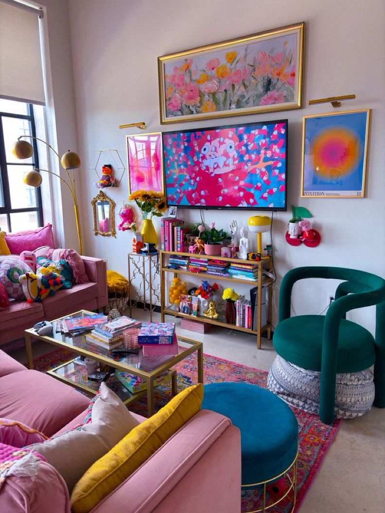 Maximalist living room with mixed patterns, bold colors, and abundant decor.