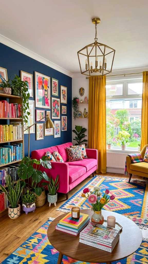 Living room with navy blue walls, pink sofa, and gold accents.