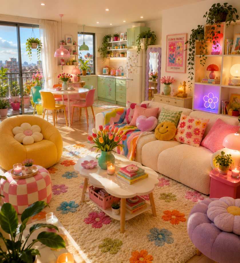 Small apartment living room with pastel pink, blue, and yellow decor.