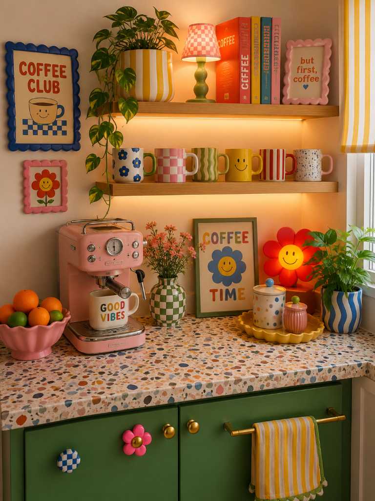Coffee bar with pastel pink cabinets, ceramic mugs, and a coffee machine.