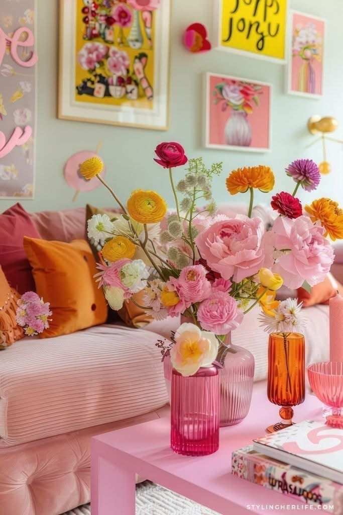 Pink coffee table with a vase of fresh flowers and decorative items.