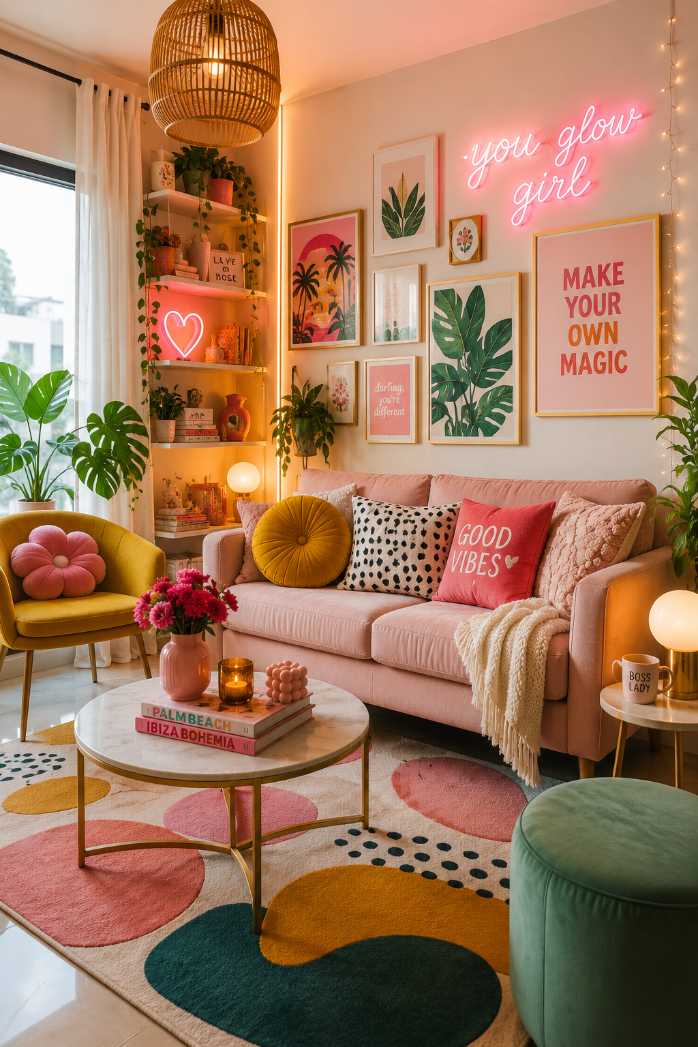 Pink sofa with a neon sign above it and colorful decor.