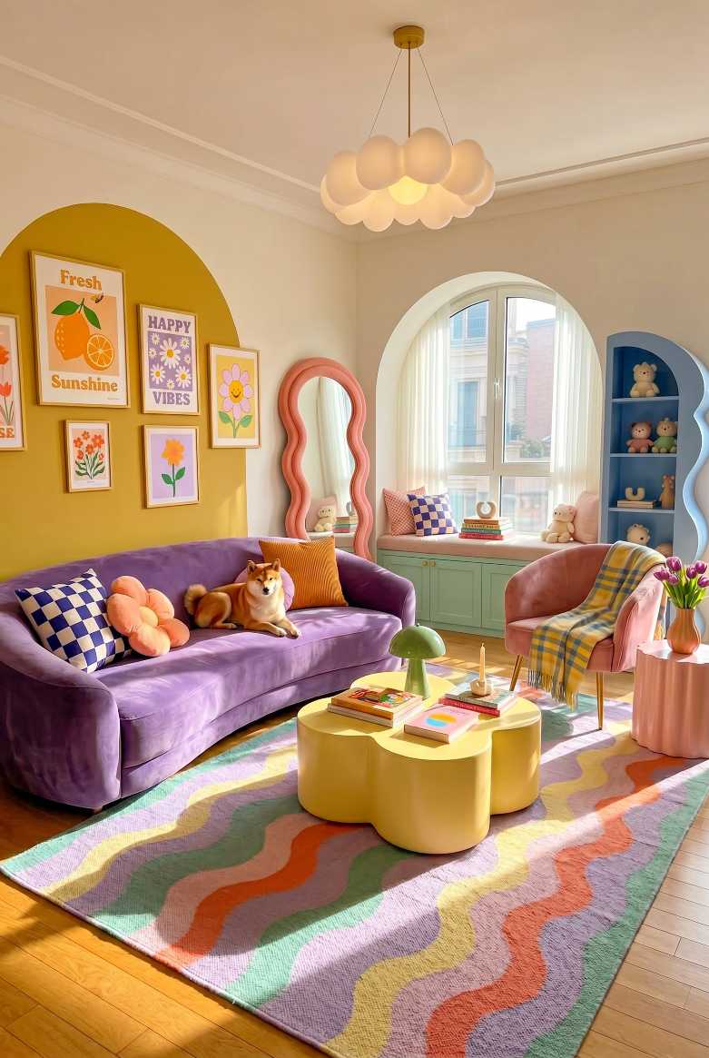 Purple sofa with a retro patterned rug and vintage decor.