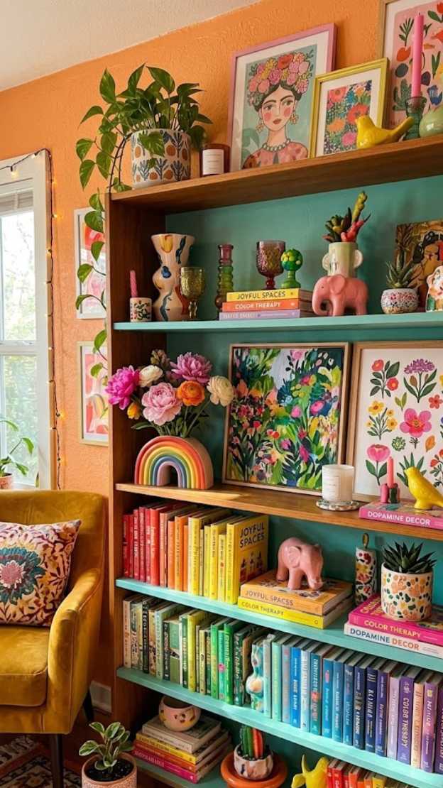 Bookshelf with books arranged in a rainbow color gradient.