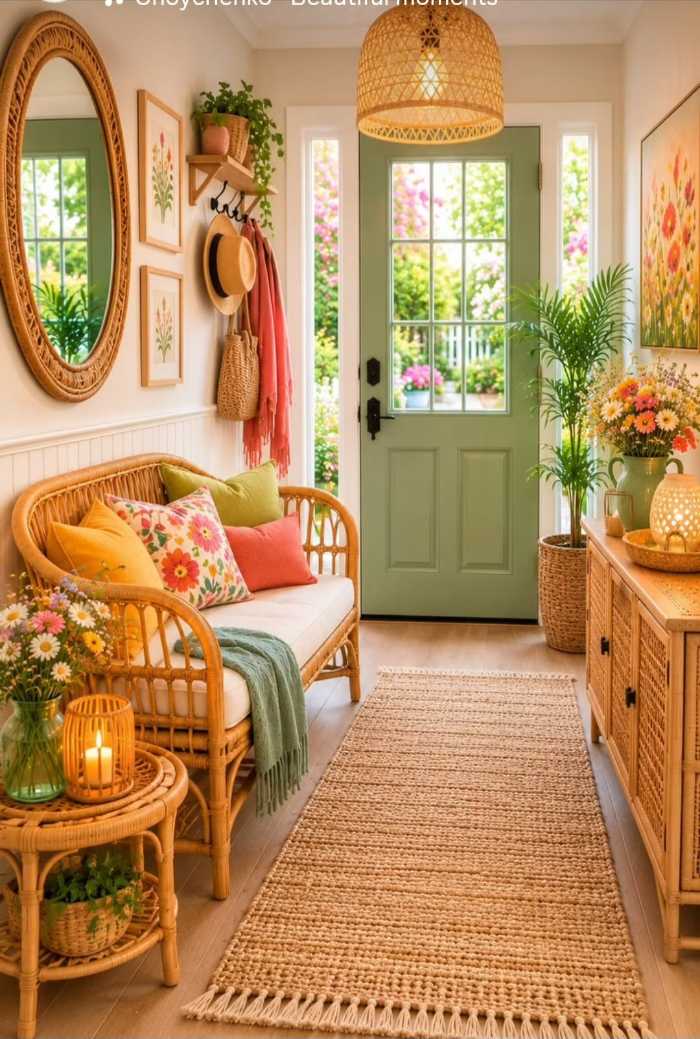 Entryway with a sage green door and white trim.