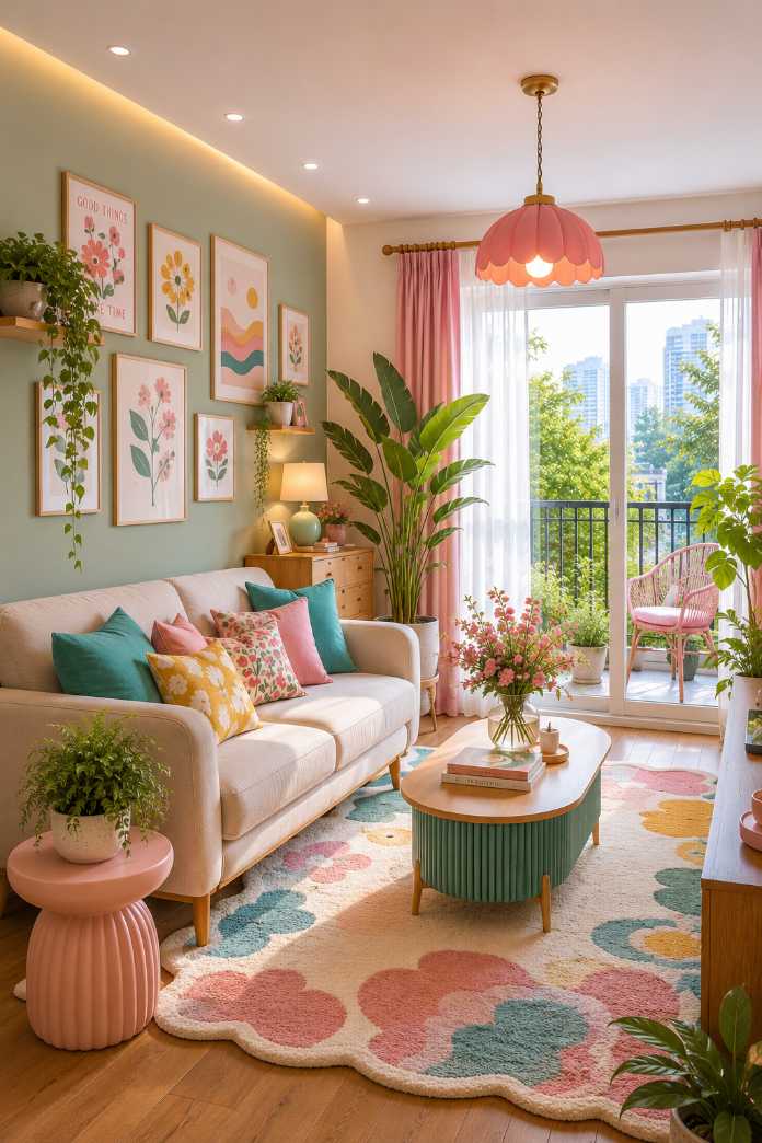 Living room with sage green walls and pink accents.