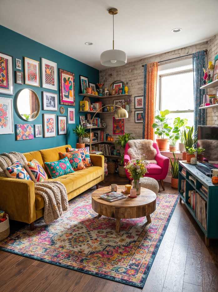 Living room with teal walls and a mustard yellow sofa.