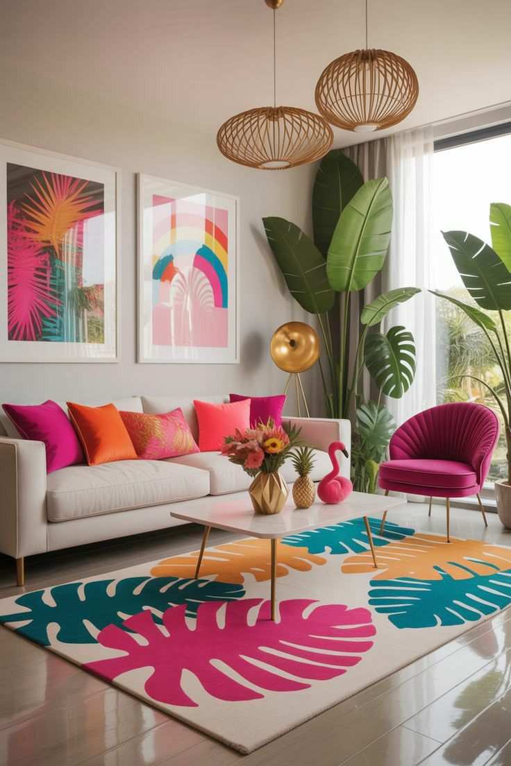 Living room with a tropical palm leaf rug and green plants.