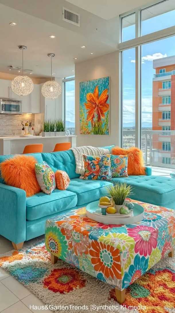 Turquoise sofa with orange cushions and decor.