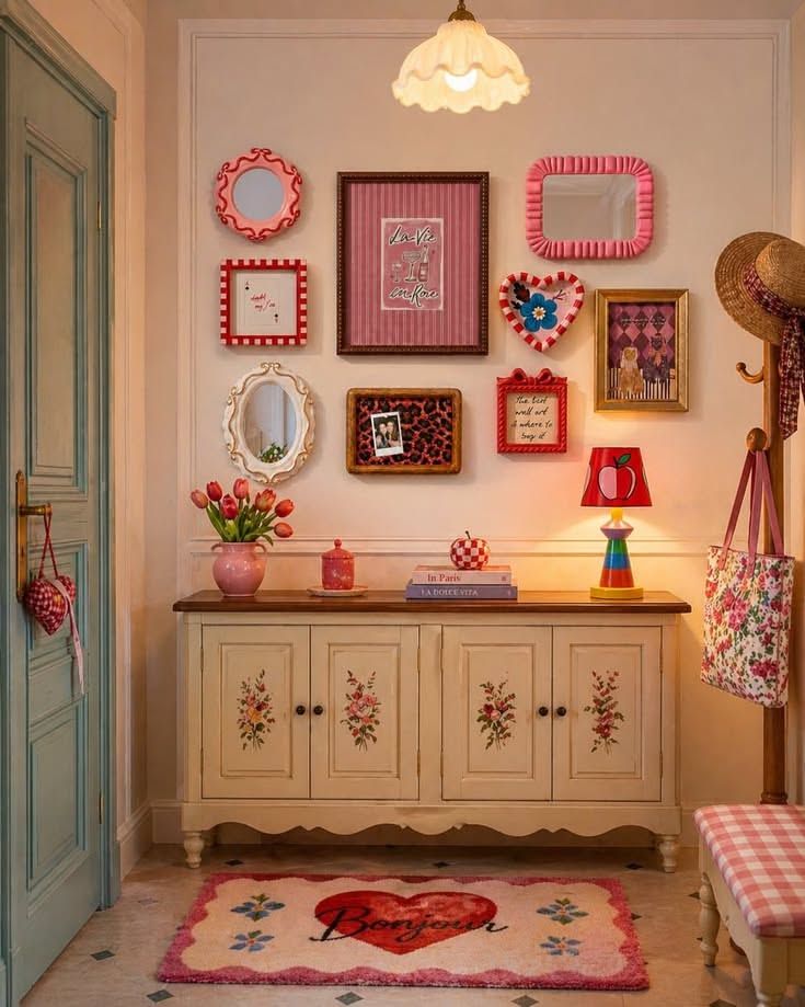Vintage console table in the entryway with colorful decor.