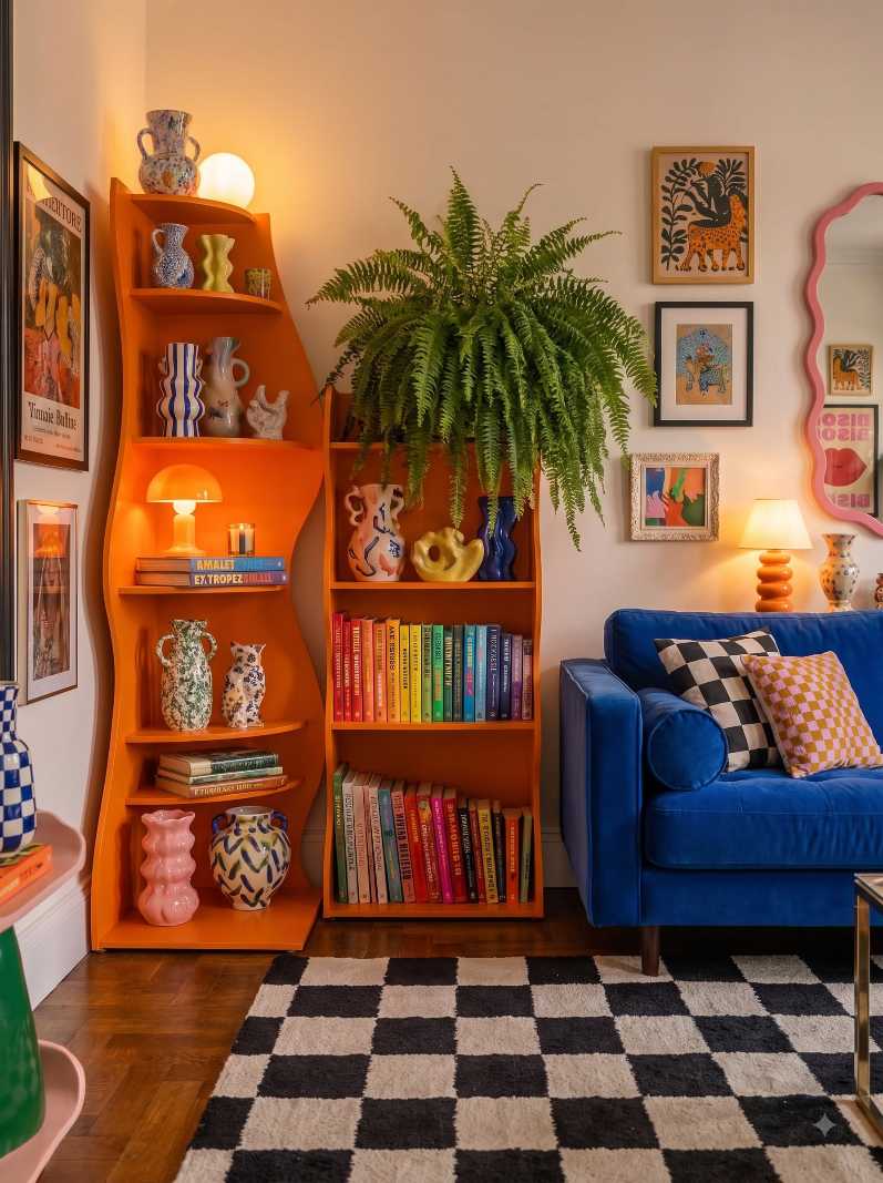 Bookshelf with a wavy design painted in bright orange.