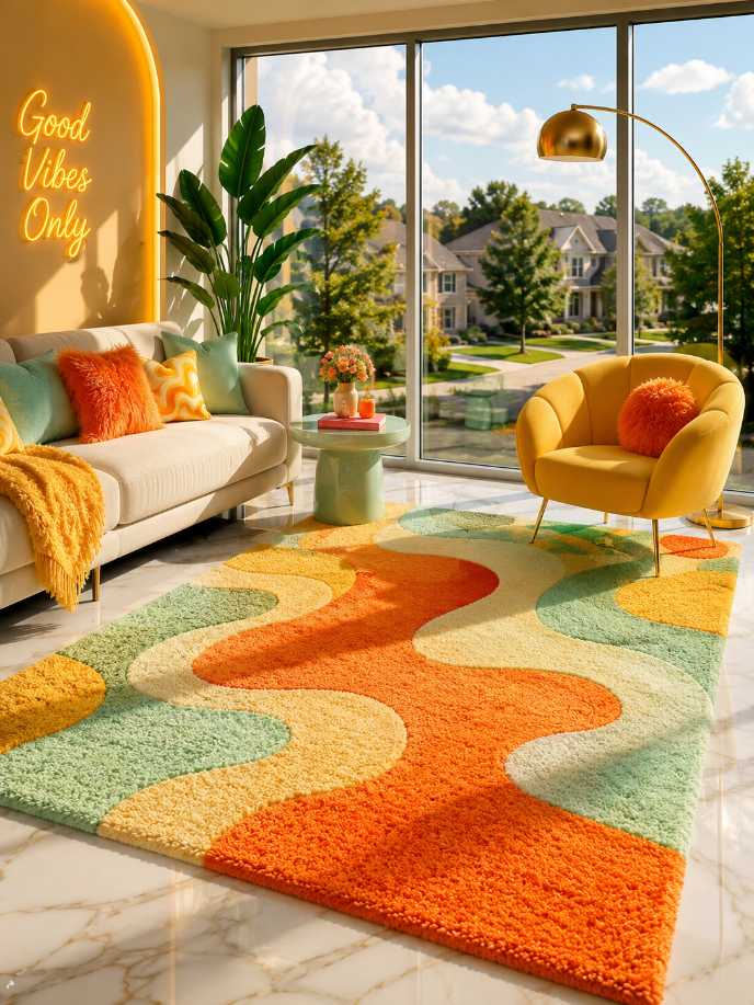 Living room with a wavy orange shag rug and modern furniture.