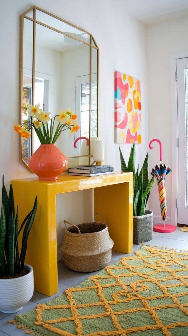 Bright yellow console table in the entryway with decor.