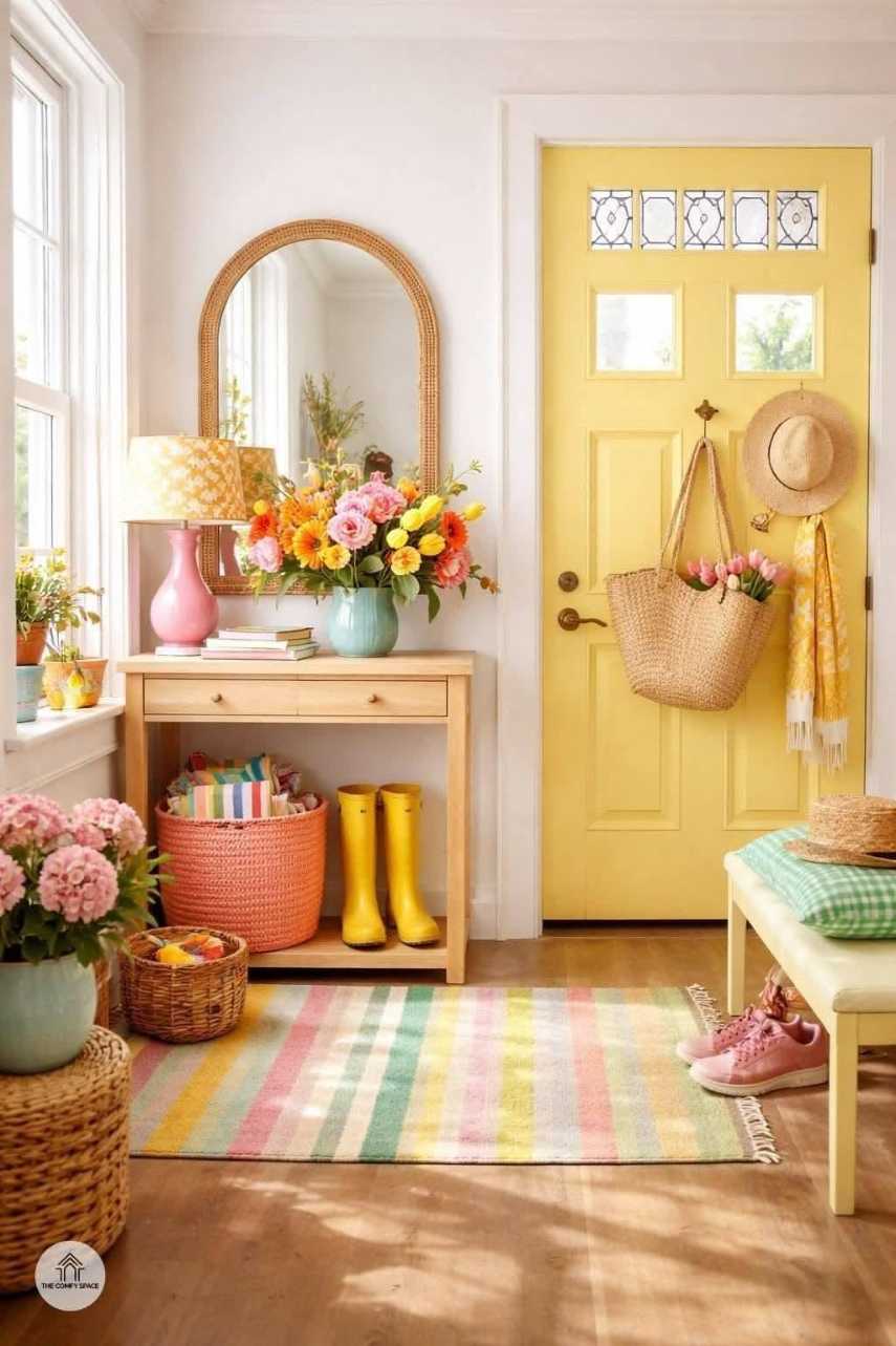 Front door painted bright yellow with white trim.