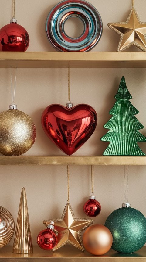 Gold shelves with colorful glass ornaments in a vibrant and festive display.