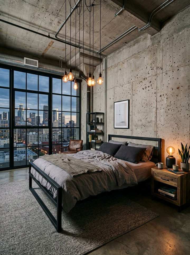 Concrete loft bedroom with black metal bed, Edison pendants, and city view window.