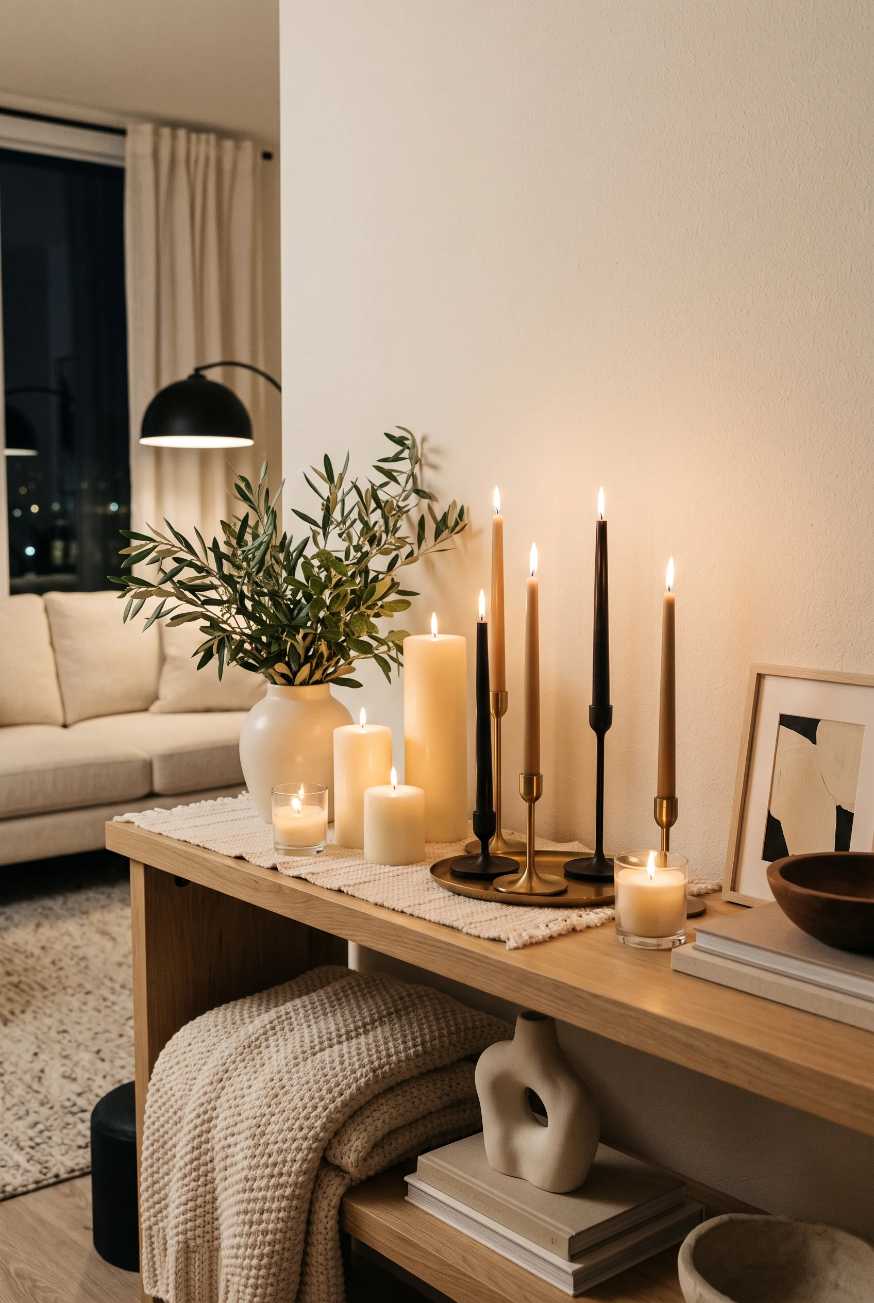 Dark wood console table with tall candles and olive branches entryway natural light
