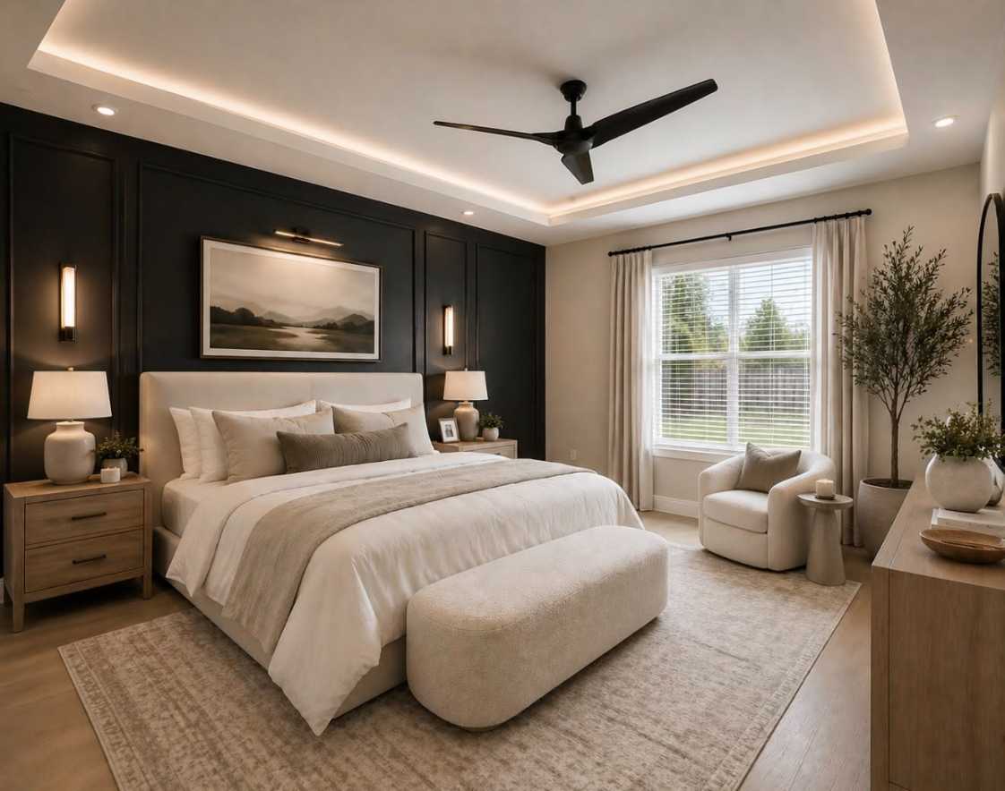 Contemporary bedroom with a bold black accent wall and recessed tray ceiling lighting