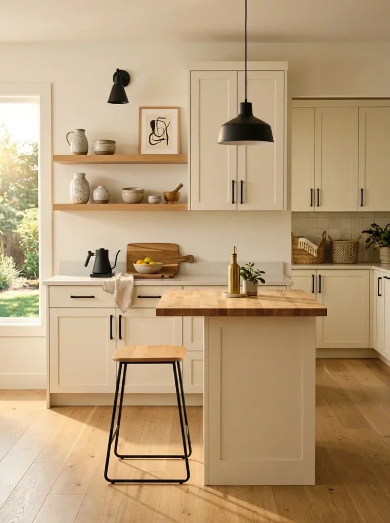Modern kitchen with matte black cabinets, walnut butcher block island, stainless steel appliances, recessed warm lighting.