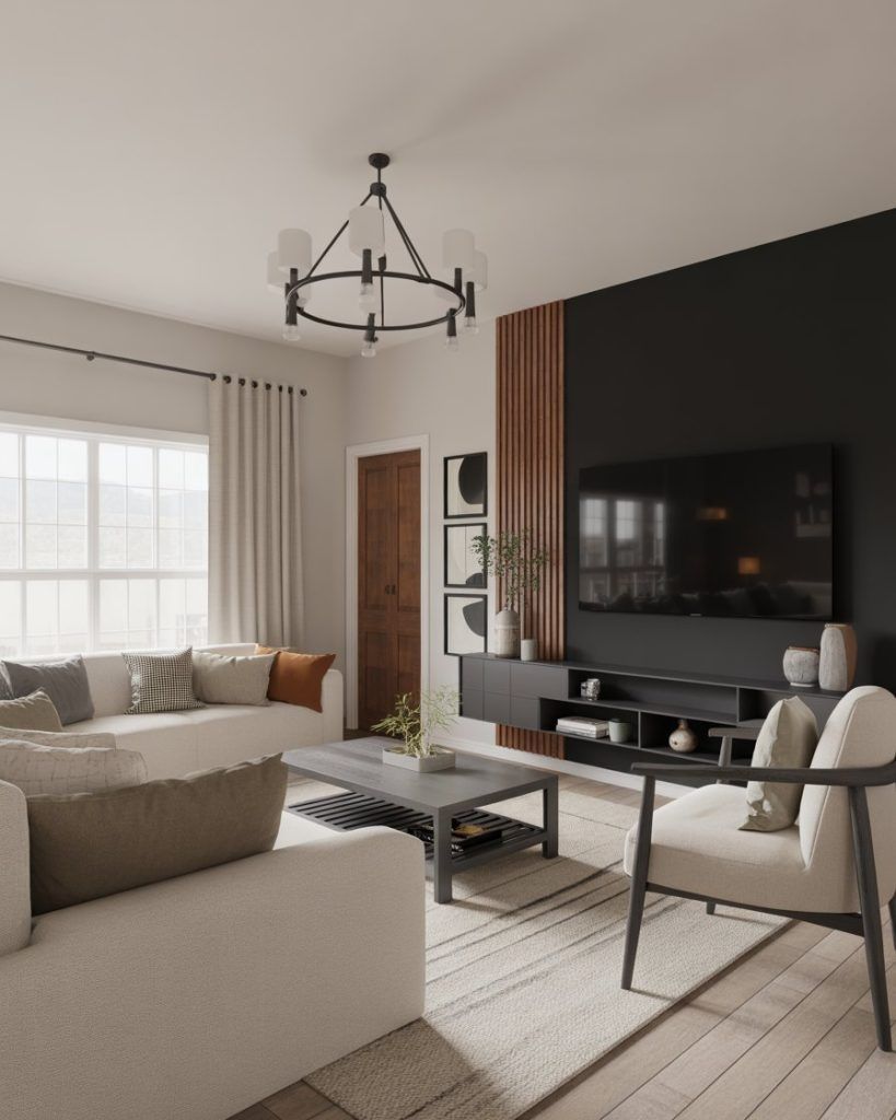 Living room with vertical wood slat wall, sleek sofa, minimalist décor, soft lighting.