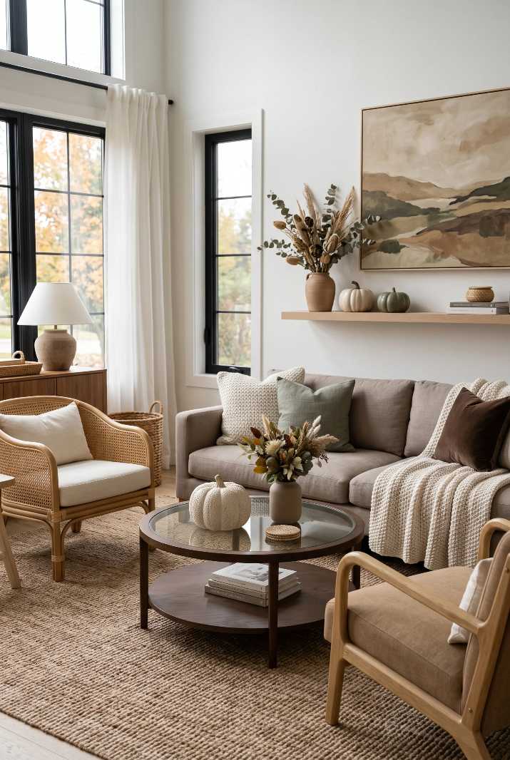 Two cane back chairs facing each other around small round coffee table open layout