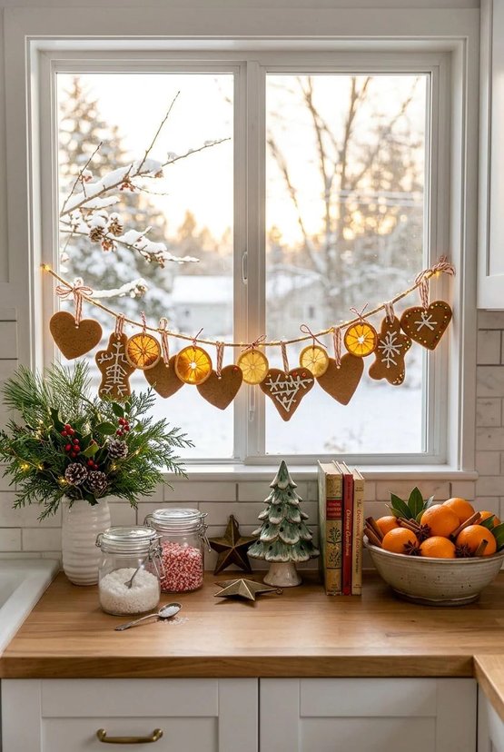 Garland of sugar cookies and dried citrus slices hanging across the kitchen window.