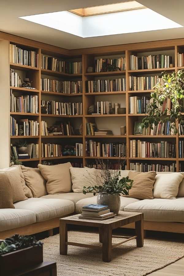 Basement corner with built-in bookshelf under skylight and sectional