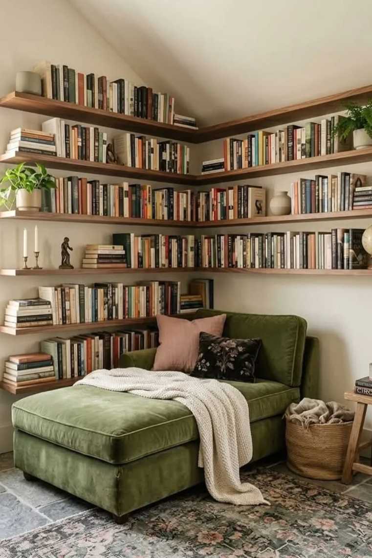 Corner nook, emerald green chaise lounge, floating white shelves, natural wood side table, soft LED lighting.