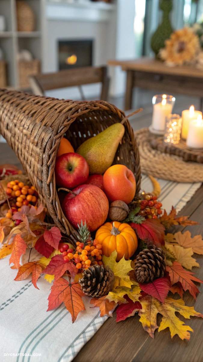 Formal dining room, cornucopia centerpiece, apples, pinecones, pillar candles, chandelier lighting.