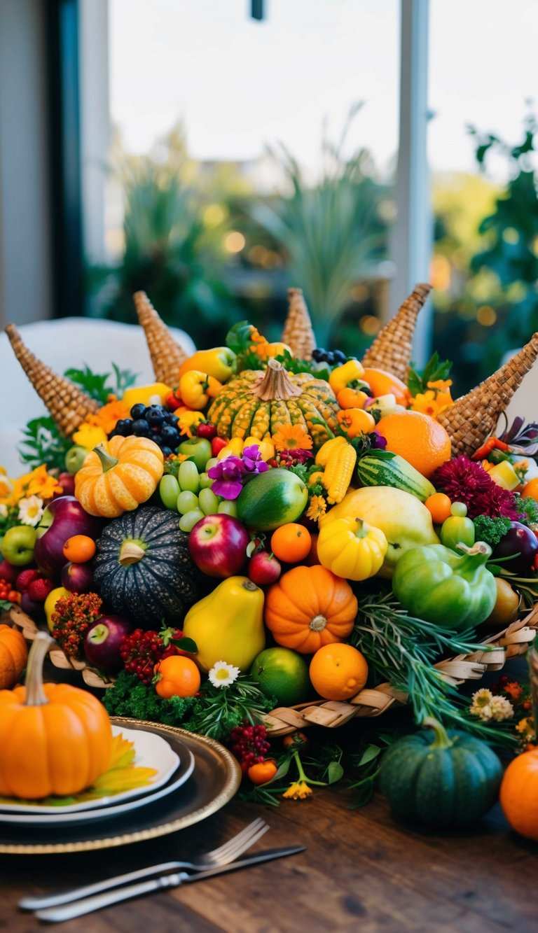 Large woven cornucopia filled with seasonal fruit, pinecones, dried wheat, warm natural lighting