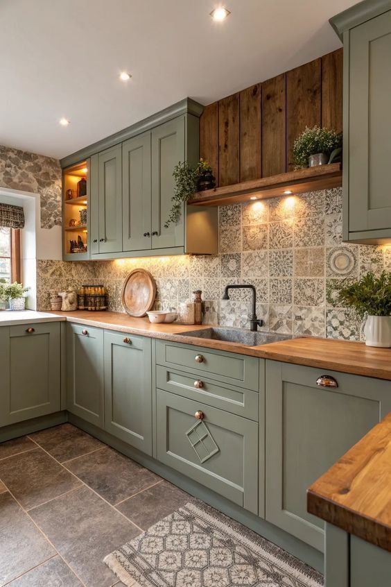 Sage green kitchen cabinets, patterned tile backsplash, cottage style, natural wood countertop.