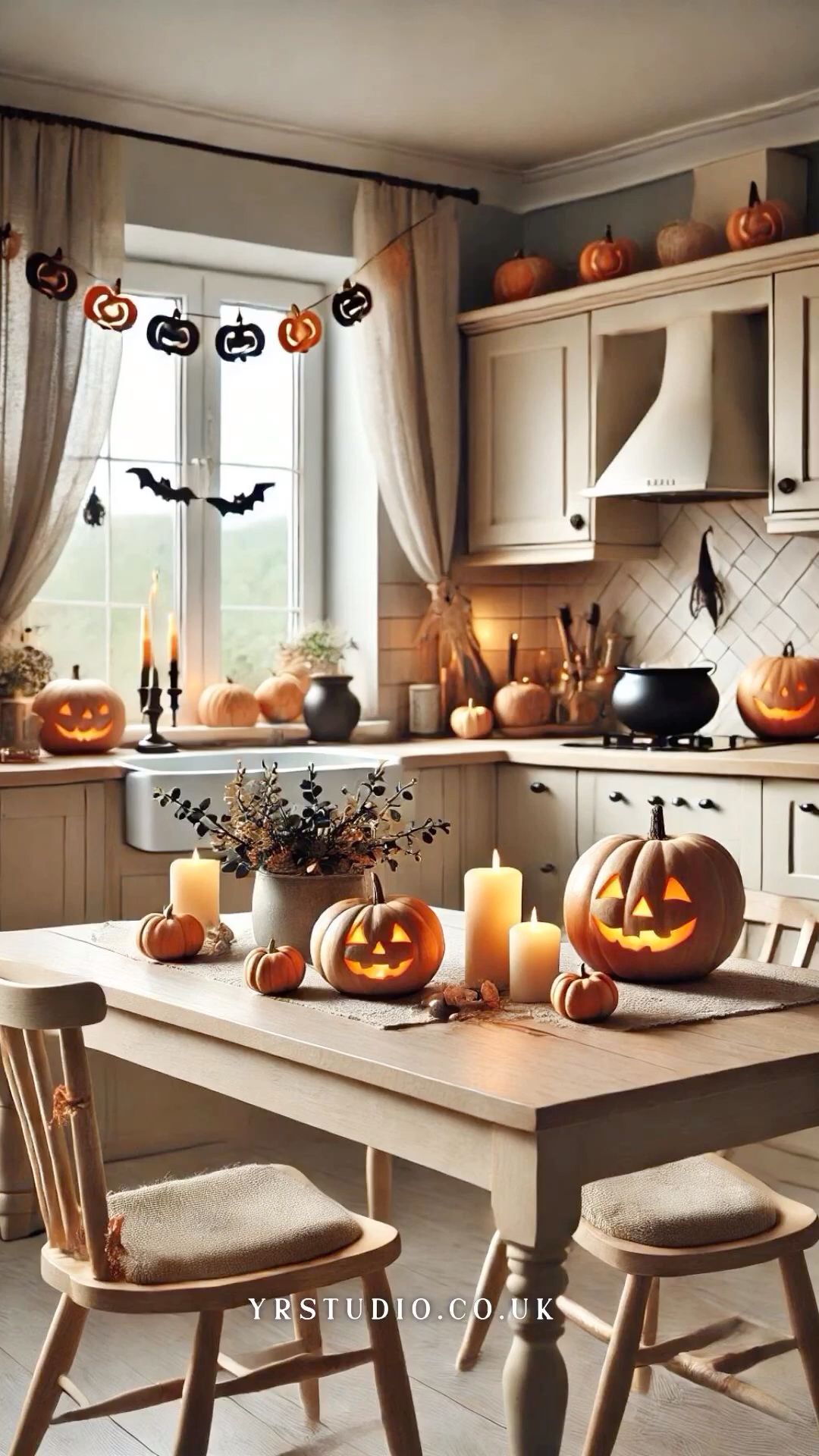 Country kitchen dining table with jack o lanterns and rustic decor