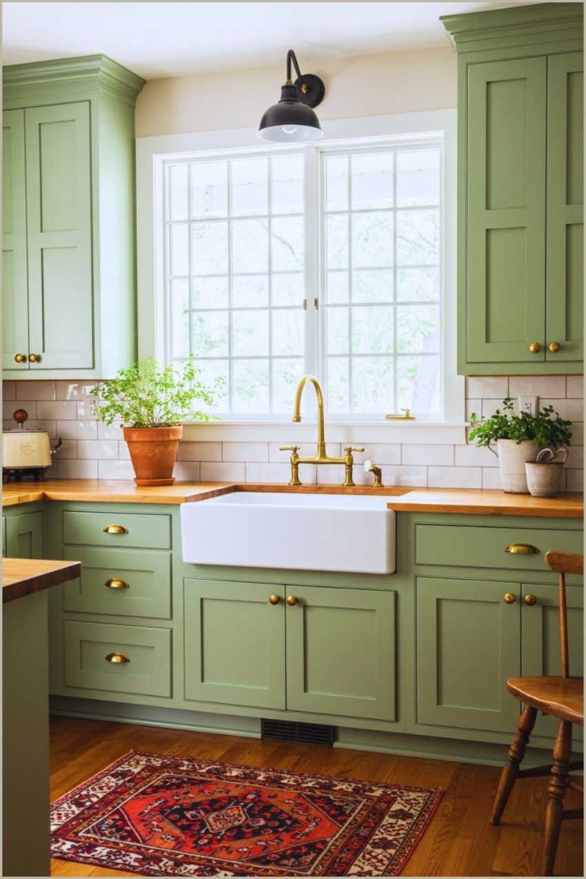 Country kitchen with sage green cabinets, natural wood countertop, farmhouse sink, soft lighting.