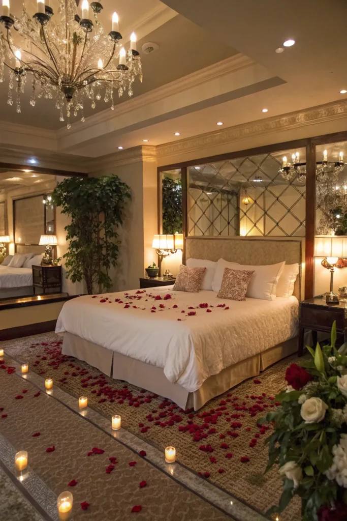 Luxury master bedroom featuring deep navy velvet headboard, gold accents, crisp white hotel bedding, crystal lamps.