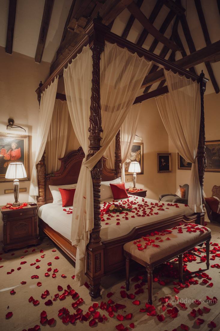 Couples bedroom featuring a charcoal velvet bed frame, warm walnut furniture, soft amber pendant lights.