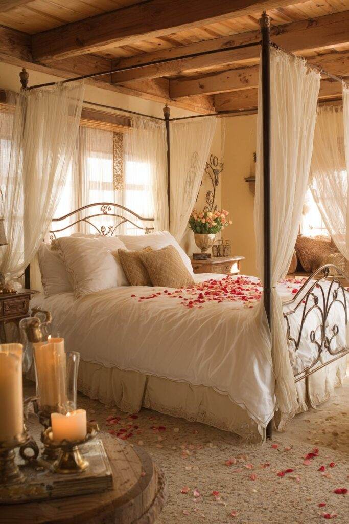 Japandi style couples bedroom with light oak bed frame, beige boucle bench, dim warm lighting.