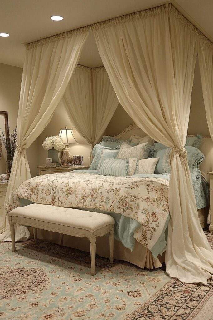Parisian couples bedroom with classic wall picture molding, deep emerald velvet bed, brass chandelier.