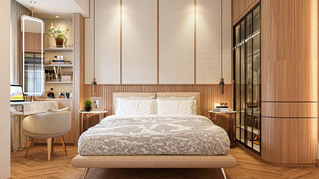 Scandinavian couples bedroom with deep forest green feature wall, light ash bed, minimalist lighting.