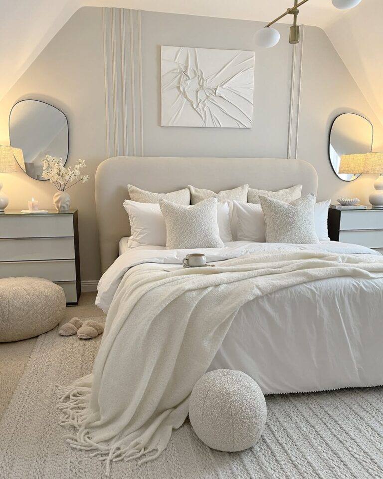 Industrial couples bedroom with faux concrete accent wall, cognac leather headboard, Edison bulb lighting.