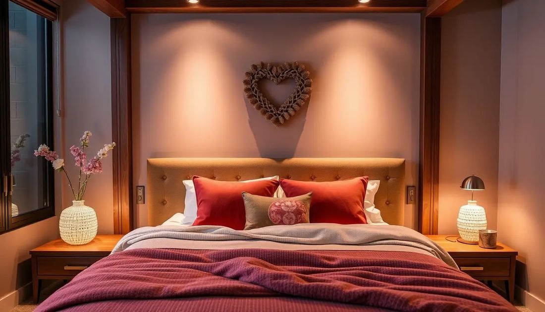 Boho couples bedroom with sheer white bed canopy, warm ochre bedding, ambient string lighting.