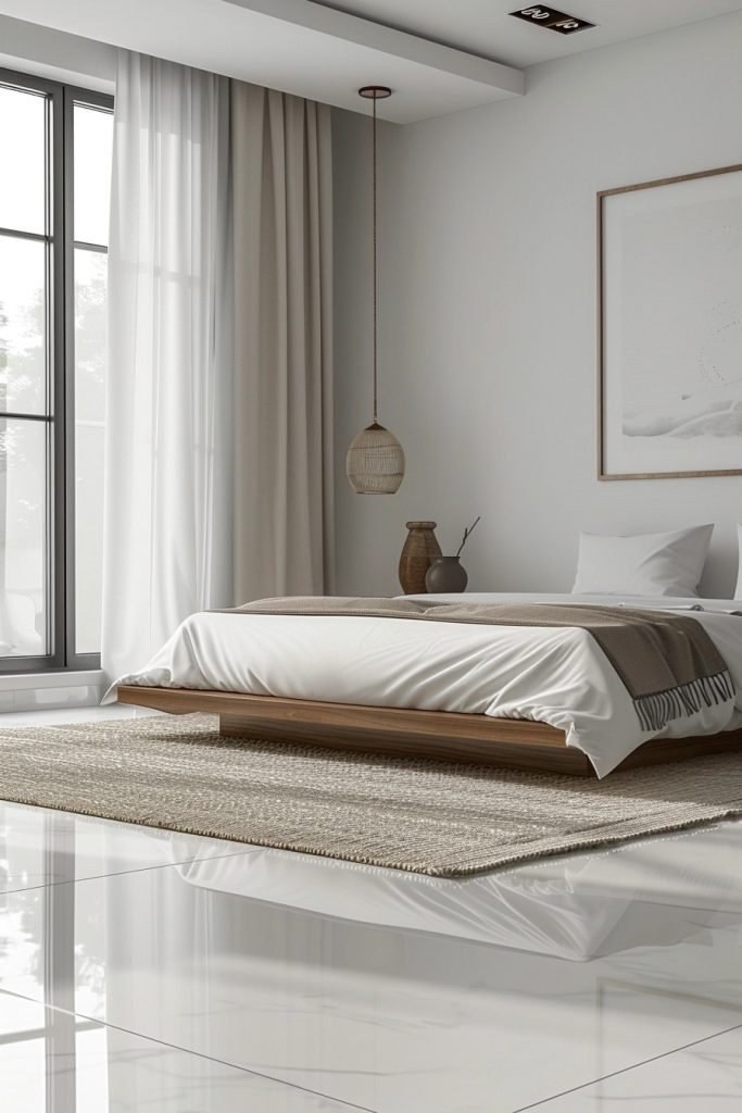 Neutral couples bedroom with woven seagrass rug white linen bed frame soft blue accent pillows warm lighting