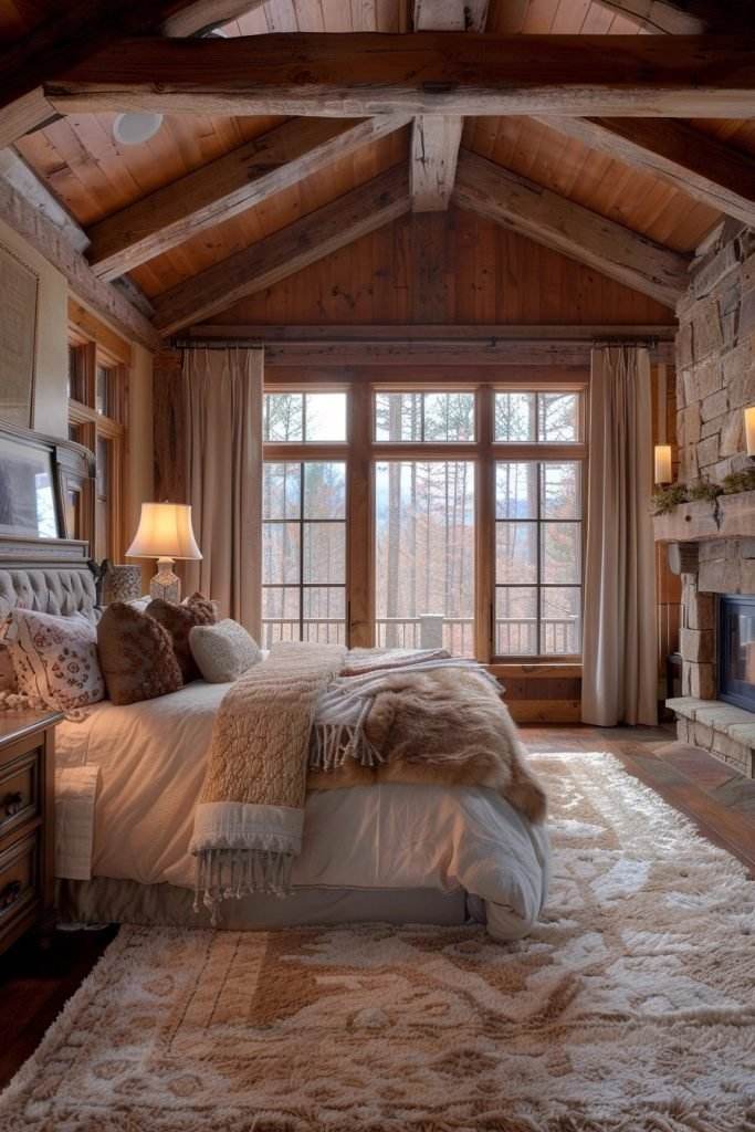 Couples bedroom with deep green accent wall pale birch bed soft grey knit throw warm lighting