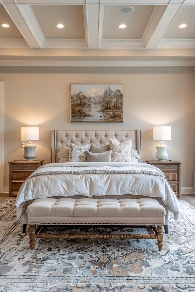 French country couples bedroom with distressed cream bed frame lavender linen sheets warm chandelier light