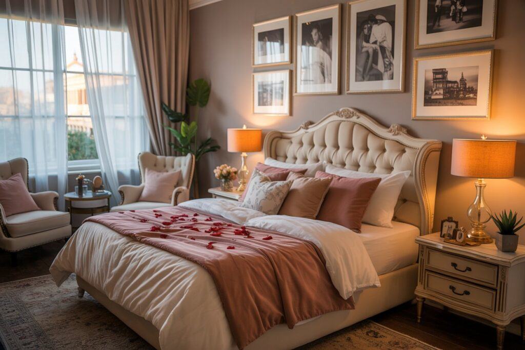 Romantic bedroom featuring macrame wall art, layered linen bedding, light wood furniture, and fairy lights.