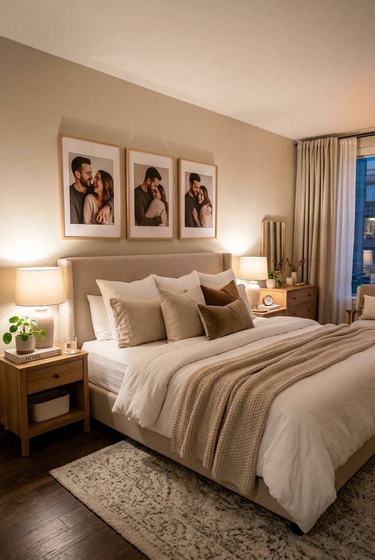 Minimalist couples bedroom with platform bed, walnut wood accents, white walls, and warm recessed lighting.