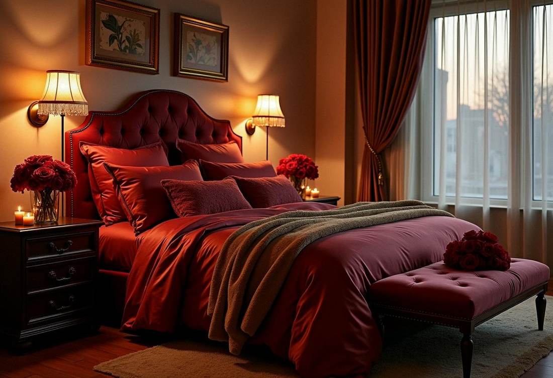 Romantic bedroom with ornate gilded mirror, tufted velvet bed, silk bedding, and crystal chandelier lighting.