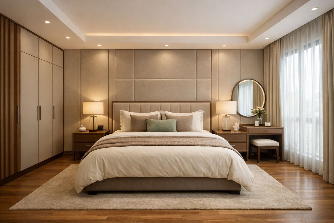 Industrial style bedroom with exposed brick wall, iron bed frame, leather bench, and Edison bulbs.